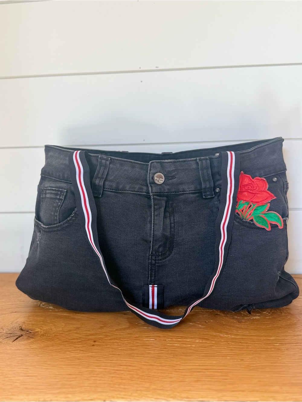 Big John Upcycled Denim Jean Bag Black Rose Striped Straps Reworked Novelty